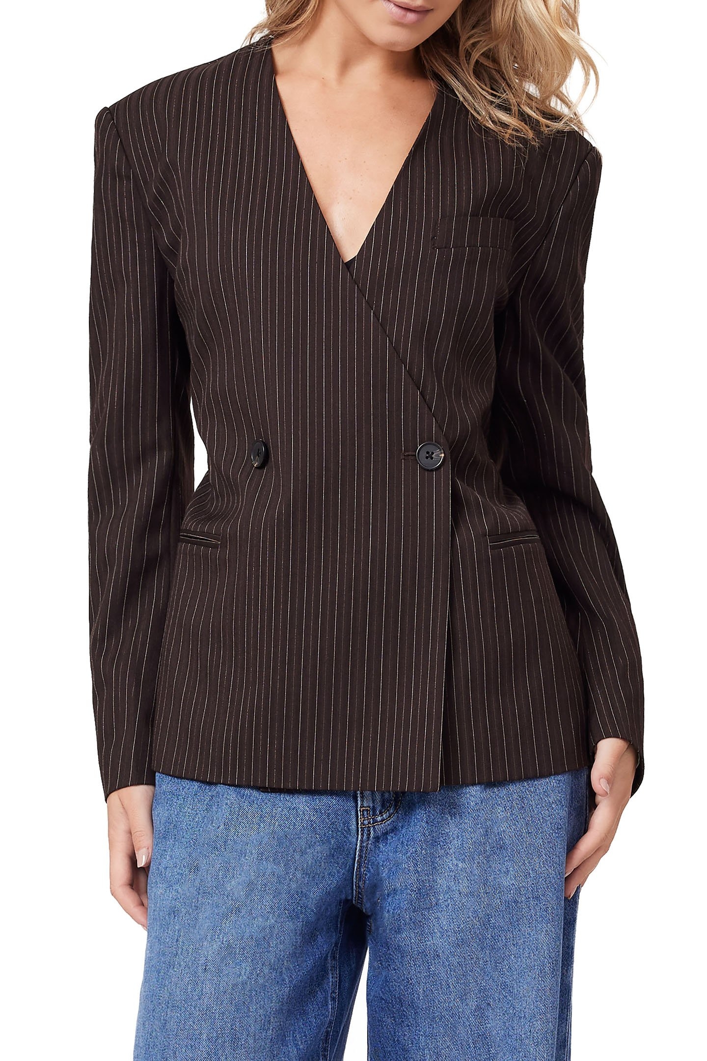 BELTED BLAZER BROWN PINSTRIPE 1