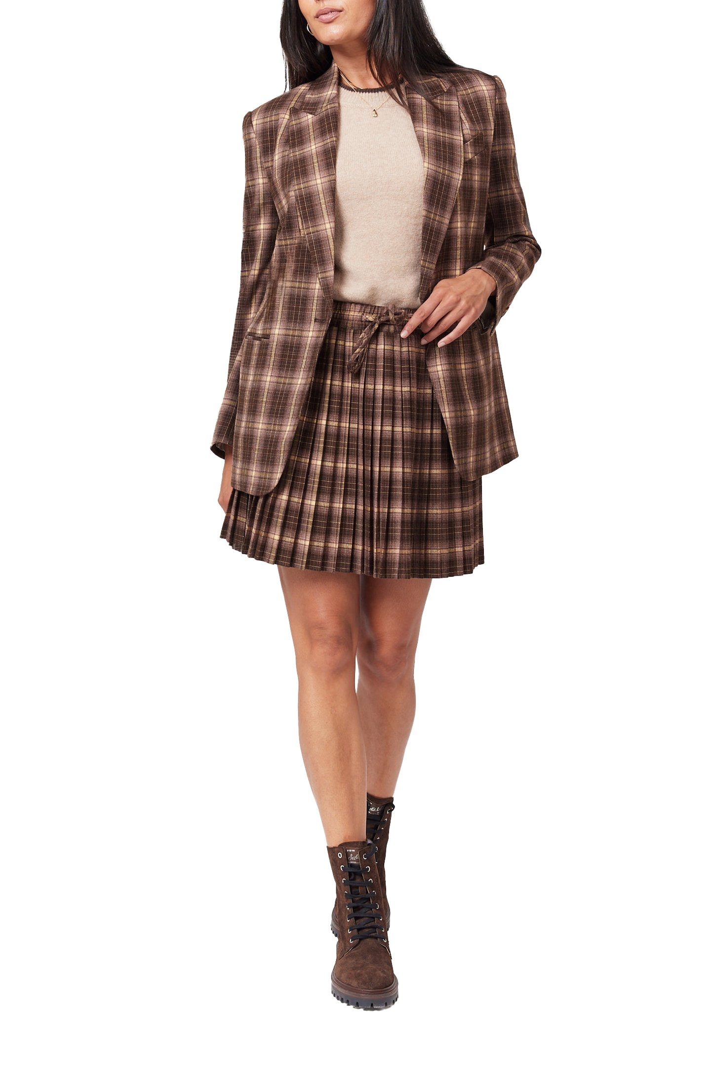 SNGL BREASTED BOYFRIEND BLAZER BROWN/ BURLWOOD PLAID 3