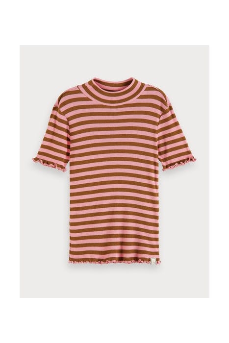 FITTED SHORT SLEEVE HIGH NECK TEE IN YARN DYED STRIPE COMBO 1