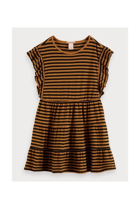 JERSEY A-LINE DRESS WITH GATHERED LAYERS IN YARN DYE STRIPE 1