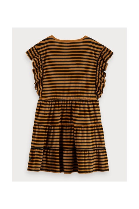 JERSEY A-LINE DRESS WITH GATHERED LAYERS IN YARN DYE STRIPE 2