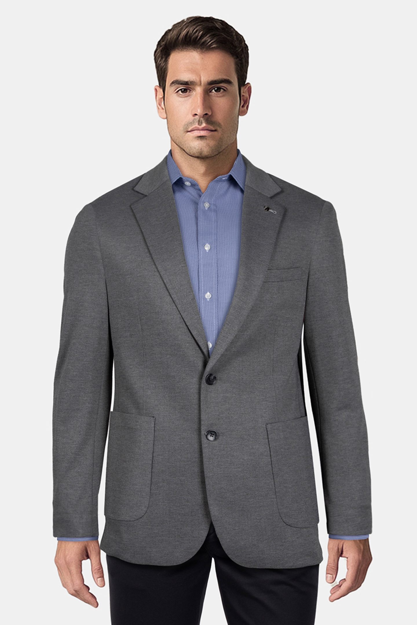 2 BUTTON JACKET JERSEY KNIT PATCH POCKETS CHARCOAL 1